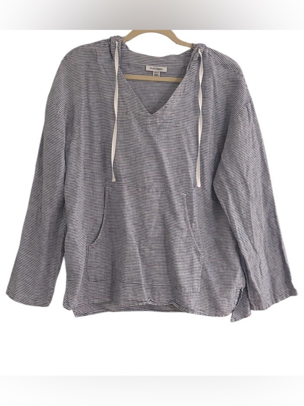 Pure Navy Brand Top Size Large V-neck Pullover Hoodie Linen Blue White Stripe